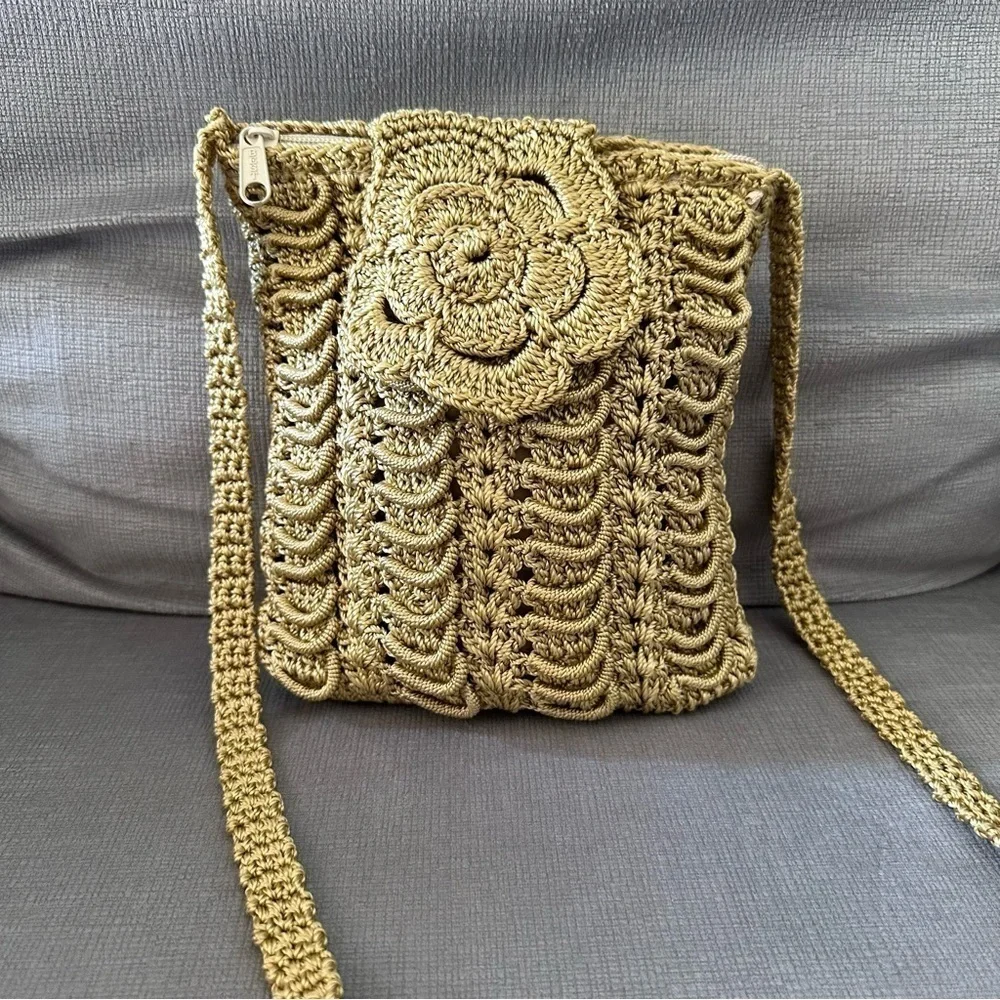 Vintage Handmade Crochet Floral Gold Cross Bag